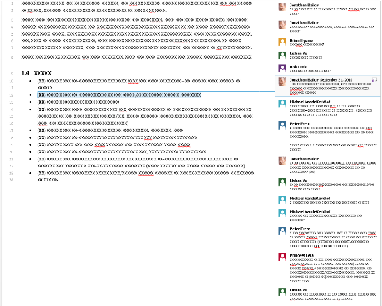 Screenshot of a document with many comments in Word 2013, where one comment is selected Screenshot of a document with many comments in Word 2013, where one comment is selected